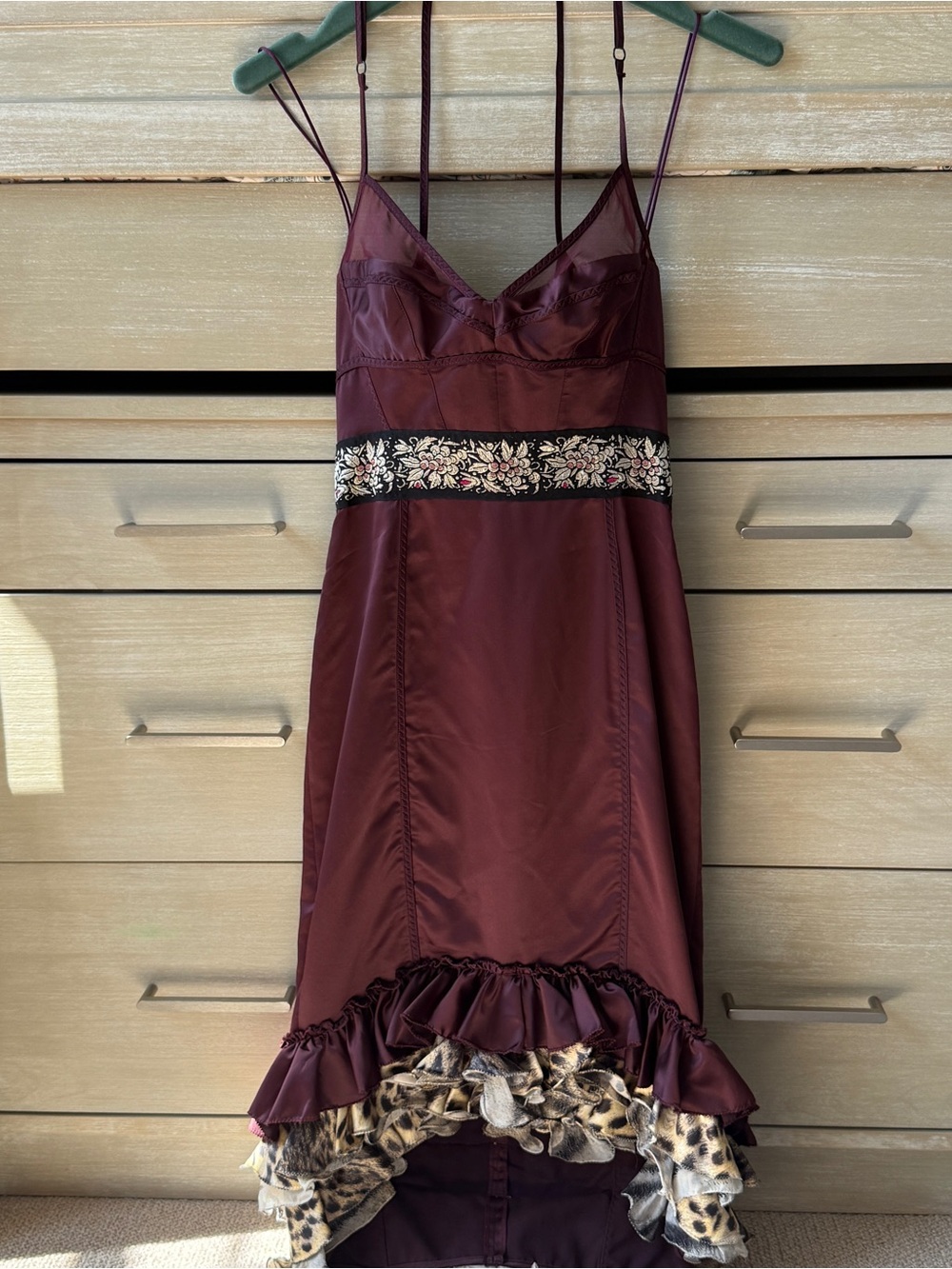 Just Cavalli Burgundy Satin High-Low Slip Dress with Floral Waistband